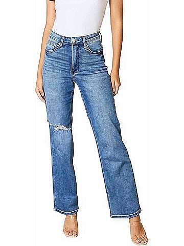 Judy Blue High Rise Control Top 90'S Straight Jeans in Medium Wash (view 2)