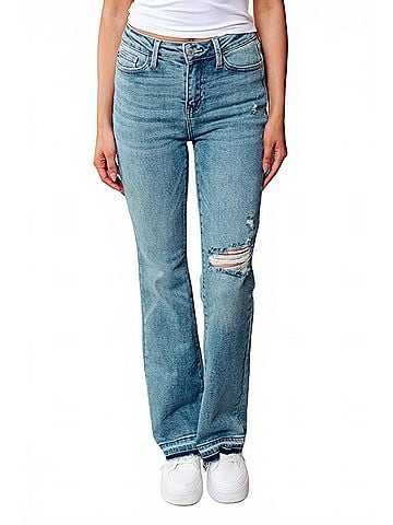 Judy Blue Mid Rise Distressed Released Hem Bootcut Jeans in Medium Wash (view 2)