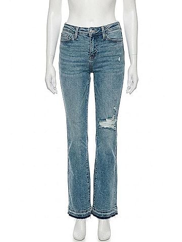 Judy Blue Mid Rise Distressed Released Hem Bootcut Jeans in Medium Wash (view 1)
