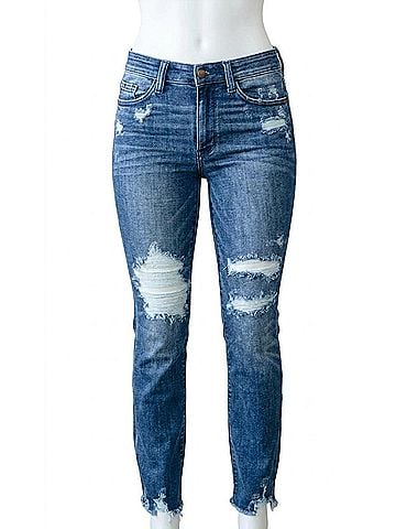 Judy Blue High Contrast Slim Bootcut Destroyed Jeans in Dark Wash (view 1)