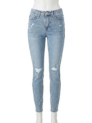 Judy Blue Mid Rise Control Top Distressed Skinny Jeans in Light Wash (view 1)
