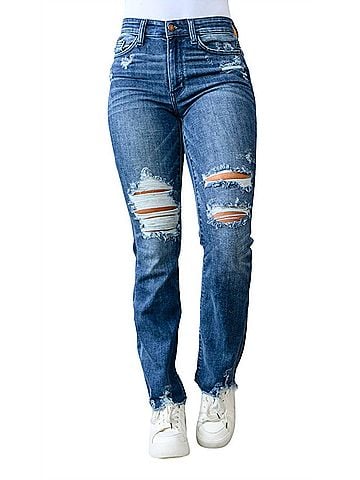Judy Blue High Contrast Slim Bootcut Destroyed Jeans in Dark Wash (view 2)