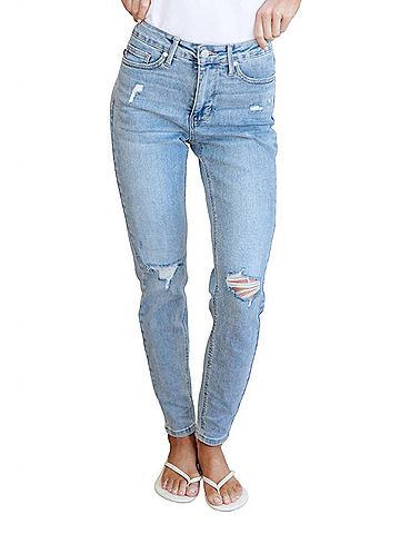Judy Blue Mid Rise Control Top Distressed Skinny Jeans in Light Wash (view 2)