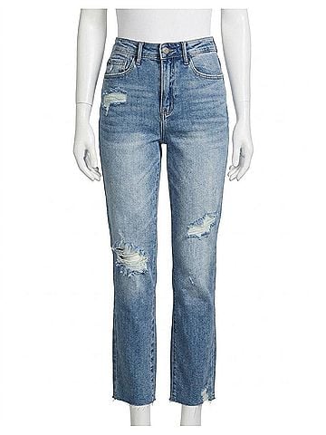 Judy Blue High Rise Rigid Magic Destroy Slim Straight Jeans in Medium Wash (view 1)