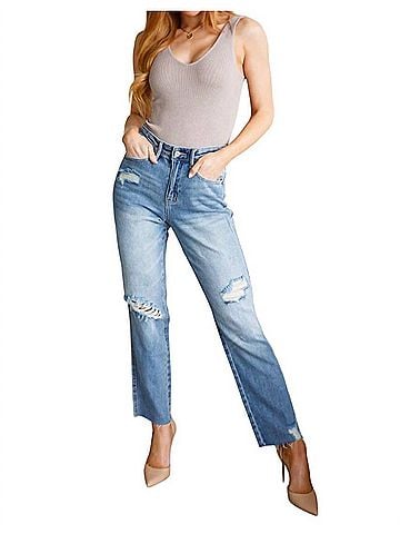 Judy Blue High Rise Rigid Magic Destroy Slim Straight Jeans in Medium Wash (view 2)