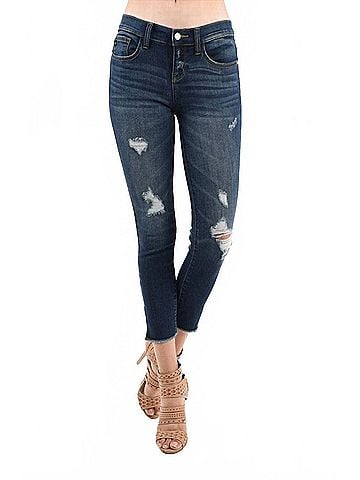 Judy Blue Bootyfull Distressed Side Slit Skinny Jeans - Plus in Dark Blue (view 2)