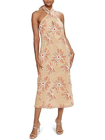 Ramy Brook Aiden Embroidered Halter Midi Dress in Natural Fleur (view 2)