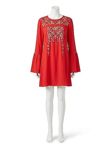 Umgee Floral Embroidered Bell Sleeve Mini Dress in Chili (view 1)