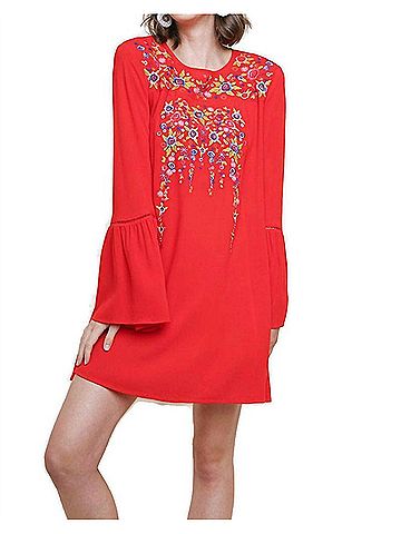 Umgee Floral Embroidered Bell Sleeve Mini Dress in Chili (view 2)