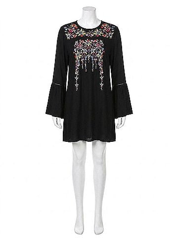Umgee Floral Embroidered Bell Sleeve Mini Dress in Black (view 1)