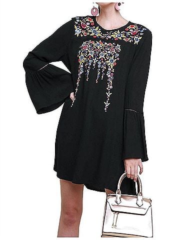 Umgee Floral Embroidered Bell Sleeve Mini Dress in Black (view 2)