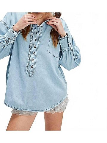 Free People Denim Dreaming Pullover in So Soft Light Wash (view 2)