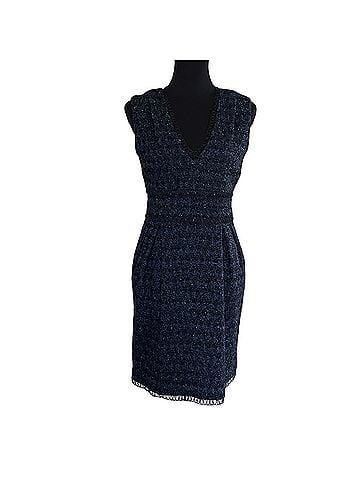 Adam Lippes Metallic Navy Boucle Wool Silk Blend Sleeveless Sheath Cocktail Dress (view 1)