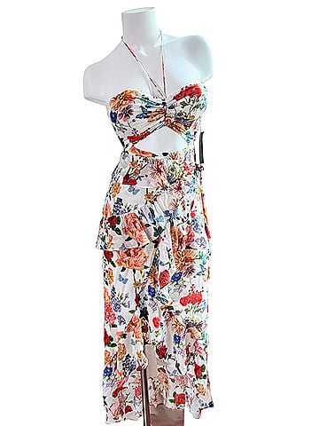 Olivaceous floral tiered High-Low ruffle Casual Dress (view 1)
