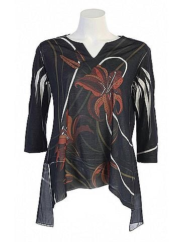 Jess & Jane Women's Lily Trio Slit V-Neck Chiffon Contrast Top in Black Floral Burnout (view 2)