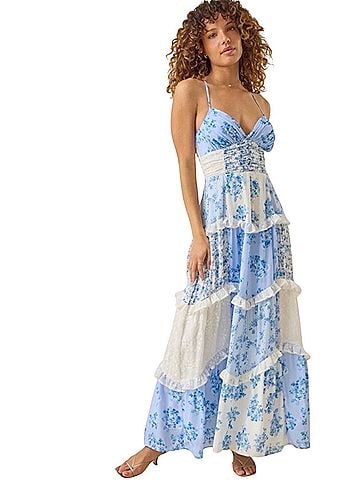Altar'd State Adernlia Floral Maxi Dress in Blue Cottagecore Romatic Lace Trim Size Large Casual Dress (view 1)