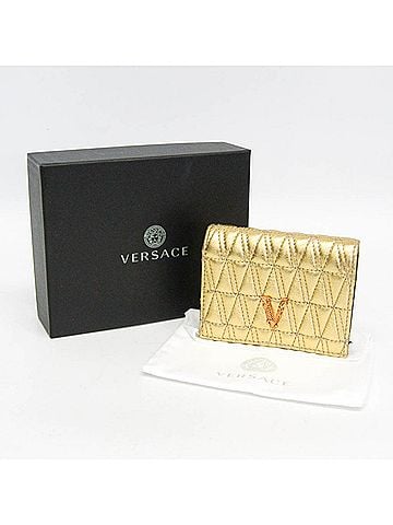 Versace Versace Visetos Quilted Leather Compact Wallet Women's Leather Wallet (bi-fold) Gold,Black (view 2)