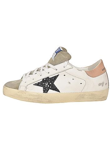 Golden Goose Golden Goose Super-Star with Black Glitter Star and Pink Heel Tab Sneakers in White Leather (view 2)
