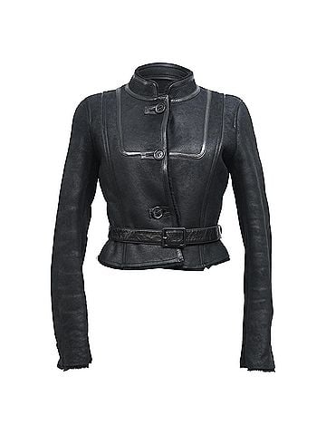 Céline  Celine Belted Mandarin Collared Jacket in Black Leather (view 1)