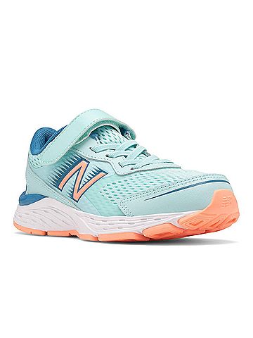 New Balance Little Kid's 680 Running Shoe in Bali Blue/Ginger Pink (view 2)