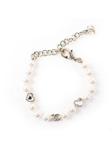 Chanel CHANEL B25B Coco Mark Heart Rhinestone Faux Pearl Bracelet, Gold, Made in Italy, Women's, with Box and Dust Bag. (view 1)