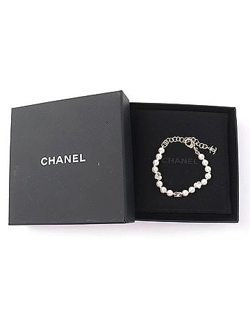 Chanel CHANEL B25B Coco Mark Heart Rhinestone Faux Pearl Bracelet, Gold, Made in Italy, Women's, with Box and Dust Bag. (view 2)