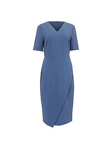 HUGO BOSS Boss by Hugo Boss V-Neck Asymmetric Midi Shift Dress in Blue Polyamide (view 1)