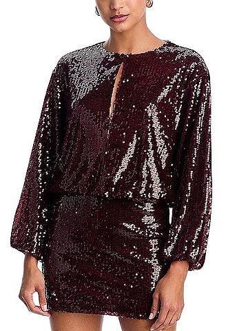 Aqua Burgundy Sequin Long Sleeve Blouson Mini Dress Cocktail Dress (view 1)