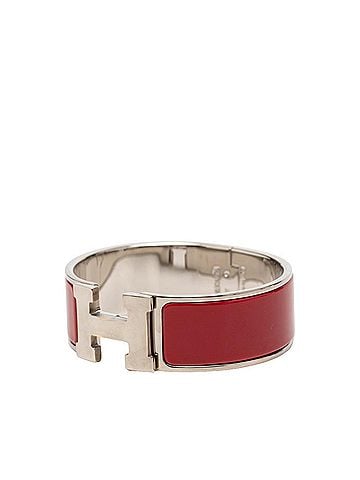 Hermès Hermes Clic Clac H PM Bangle Bracelet, Silver and Red Metal Enamel, Women's. (view 2)