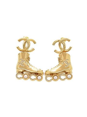 Chanel Unused Chanel Coco Mark Roller Skates Metal Rhinestone Faux Pearl Gold Earrings 1465CHANEL (view 1)