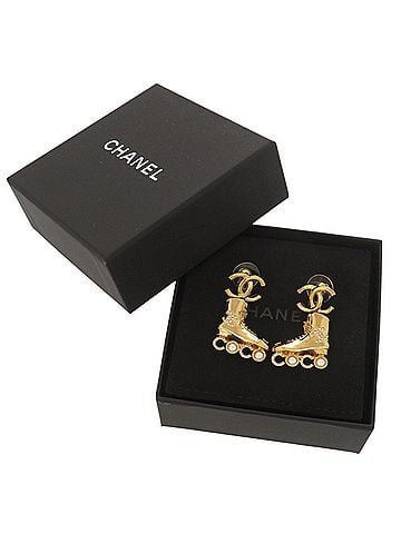 Chanel Unused Chanel Coco Mark Roller Skates Metal Rhinestone Faux Pearl Gold Earrings 1465CHANEL (view 2)