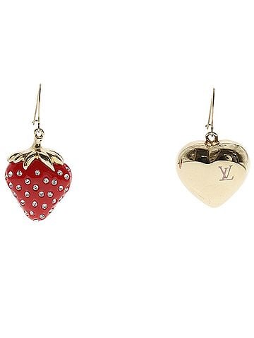 Louis Vuitton Louis Vuitton Boucles de Reilles Fraises Earrings, Strawberry Design, M64922, Resin with Rhinestones, Made in France, Pink Heart Shape, Approx. 13g, Women's. (view 1)