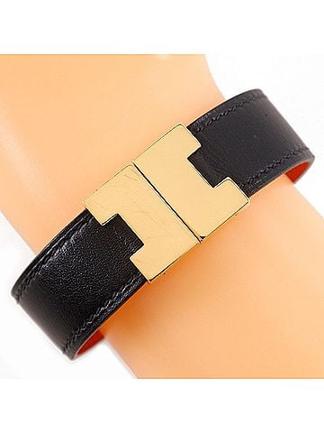 Hermès Hermes Lurie Bracelet, Reversible, Leather x Gold Plated, Black/Orange, Approx. 23.8g, Women's (view 1)