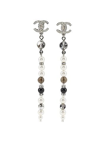 Chanel Chanel Coco Mark Earrings, Long, Metal x Faux Pearl Rhinestone, 2019 Model, Silver, A19K Gold, Approx. 11.0g, Women's. (view 1)