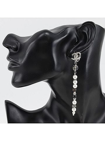 Chanel Chanel Coco Mark Earrings, Long, Metal x Faux Pearl Rhinestone, 2019 Model, Silver, A19K Gold, Approx. 11.0g, Women's. (view 2)
