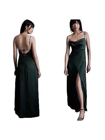 BHLDN Remy Cowl Neck Faux Wrap Emerald Satin Gown Cocktail Dress (view 2)