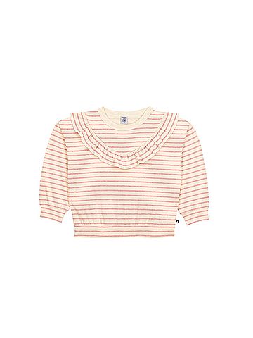 Petit Bateau Girl's Striped Sweatshirt With Ruffles in Cream Pink (view 1)
