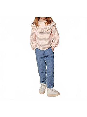 Petit Bateau Girl's Striped Sweatshirt With Ruffles in Cream Pink (view 2)