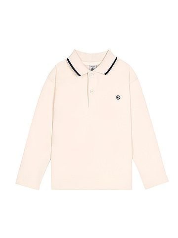 Petit Bateau Boy's Long Sleeve Polo Shirt in Cream & White (view 1)