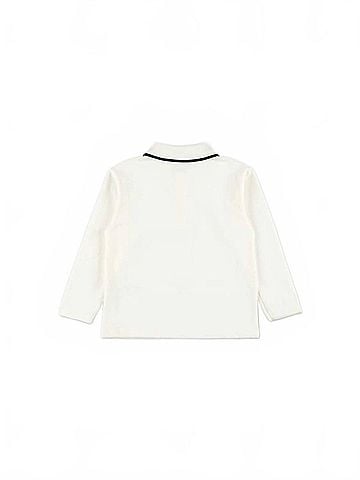 Petit Bateau Boy's Long Sleeve Polo Shirt in Cream & White (view 2)