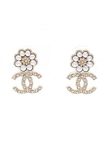 Chanel Chanel Coco Mark Flower Earrings, Gold Plated (GP), Faux Pearl, Rhinestone, Women's, Gold, White, Clear. (view 1)