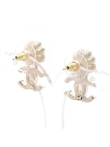 Chanel Chanel Coco Mark Flower Earrings, Gold Plated (GP), Faux Pearl, Rhinestone, Women's, Gold, White, Clear. (view 2)