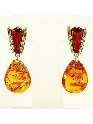Unbranded 18K (18-karat) Yellow Gold Earrings with Amber and Garnet, Total Weight 5.6g, Jewelry (view 1)