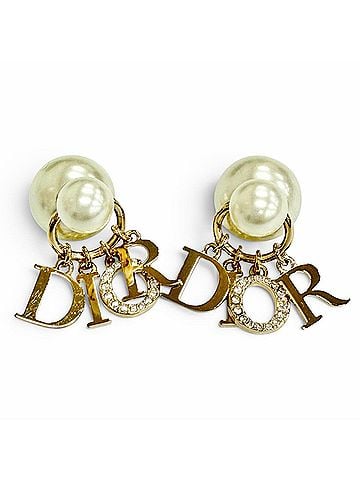 Christian Dior Christian Dior DIOR E1411 TRICY Tribales Tribal Earrings (Pair) - Logo, Resin Pearl, Rhinestone, Gold Women's Comes with Box and Dust Bag (view 1)