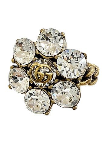 Gucci GUCCI GG Marmont Flower Rhinestone Ring, Gold Tone, Size S, Made in Italy, Women's, with Box. (view 1)