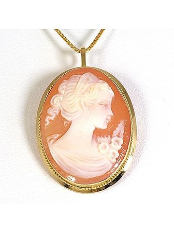 Unbranded 18K (18-karat) Yellow Gold Necklace Brooch with Shell Cameo, Total Weight Approx. 5.8g, 40cm, Jewelry (view 1)