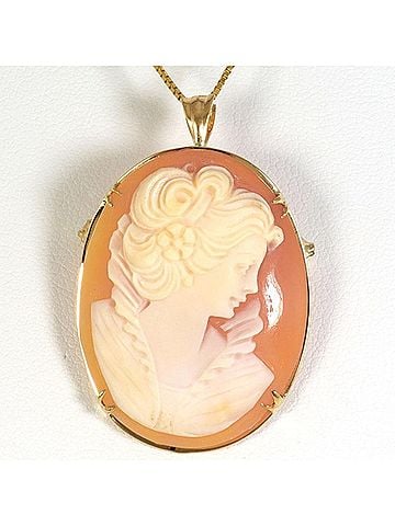Unbranded 18K (18-karat) Yellow Gold Necklace Brooch with Shell Cameo, Total Weight Approx. 7.7g, 45cm, Jewelry (view 1)