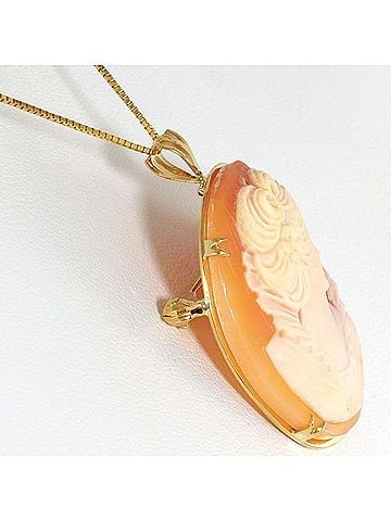 Unbranded 18K (18-karat) Yellow Gold Necklace Brooch with Shell Cameo, Total Weight Approx. 7.7g, 45cm, Jewelry (view 2)