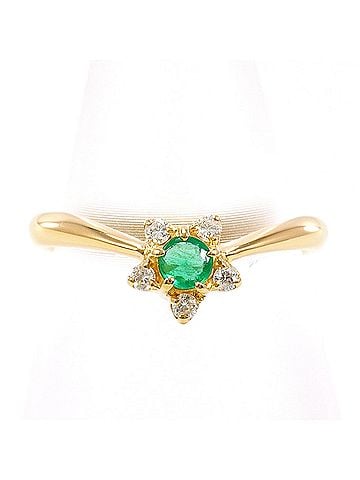 Unbranded 18K (18-karat) Yellow Gold Ring with Emerald and Diamond (carat weight not stamped). Total weight: 2.0g. Jewelry. (view 1)