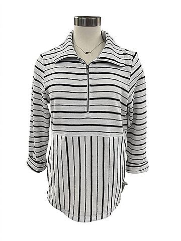 Habitat Women's Weekend Terry Striped Quarter Zip Sweater in White (view 2)